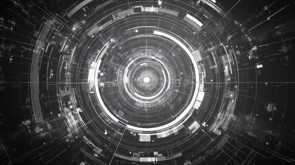 Fototapeta premium Abstract grayscale concentric circles forming a futuristic digital tunnel.