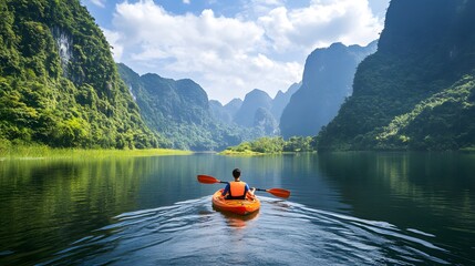 Kayaker explores serene waters surrounded by majestic mountains, enjoying a peaceful escape into nature's embrace, in the midst of the lake. 