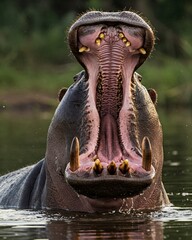 A hippopotamus with its mouth wide open in the water by the shore