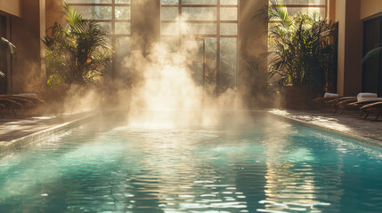 Serene indoor pool with warm sunlight streaming through large windows, surrounded by lush green plants and steam rising from