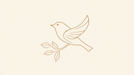 Elegant line art bird in flight with branch and leaves, for prints or digital design