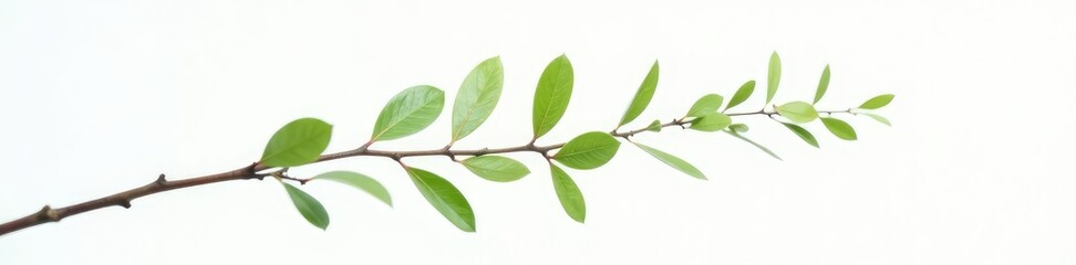 Delicate branch with leaves isolated on white background, closeup, tiny, twig