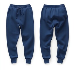 Photographs of navy blue sweatpants, front and back views on a white background