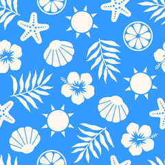 Hibiscus, palm leaf, starfish, shell, sun and citrus fruit seamless pattern design for summer holidays background.
