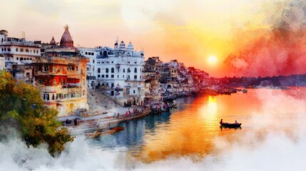 Naklejka premium Ancient Varanasi City Architecture at Sunrise with Sadhu Baba Enjoying Boat Ride on River Ganges, India - Sepiatone Oil Painting