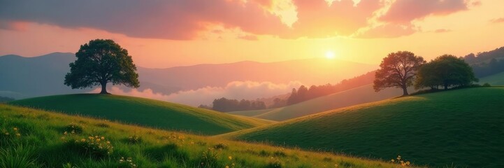 Obraz premium Dreamy landscape of rolling hills and towering trees at dawn, gentle hues,, landscape