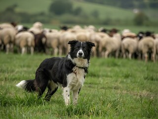 Fototapeta premium A dog standing in front of a herd of sheep. Generative AI. border collie dog grazing in green farm, black puppy sheepdog in landscape looking at camera