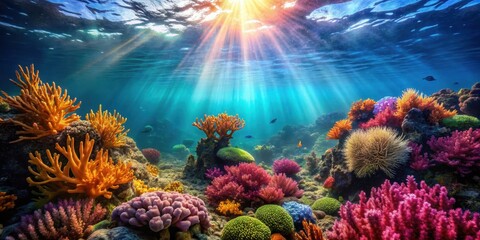 Obraz premium Underwater scene of vibrant coral formations and swaying seaweed amidst filtered sunlight