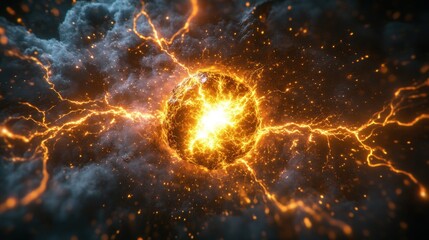 Fiery, energized sphere within a turbulent, smoky environment