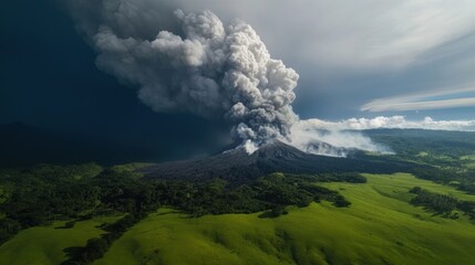 Smoke from a distant volcano rising into the sky.