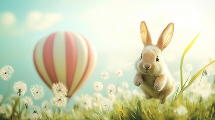 Fototapeta premium A rabbit-sized hot air balloon floating over a dandelion field