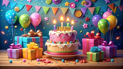 Happy Birthday Cake with Gifts and Balloons