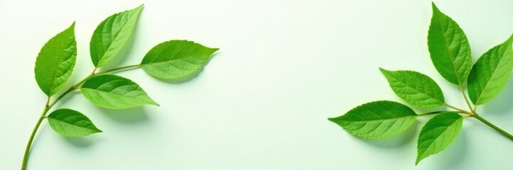 Fototapeta premium Green leaves with stems on a plain white surface, flora, leaf