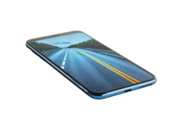 Smartphone displaying a scenic road trip image journey travel adventure mobile phone technology isolated on transparent background