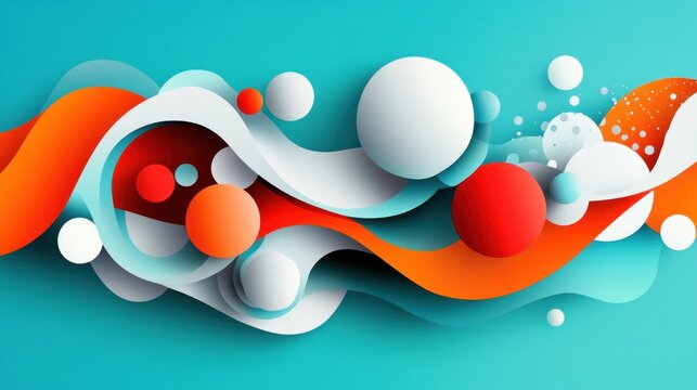 Abstract vibrant wavy shapes and spheres on teal background.