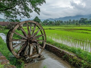 Fototapeta premium A farmer walking along the edge of a rice field, checking the water level and soil condition