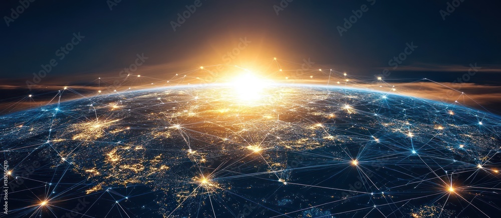 Poster global connectivity visualization with network nodes on earth at dawn