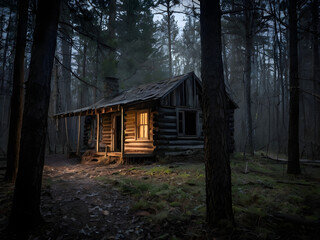 Rustic Retreat: A captivating old wooden cabin nestled deep within a dense, misty forest, its warm interior glow hinting at a hidden sanctuary amid the tranquil wilderness. 