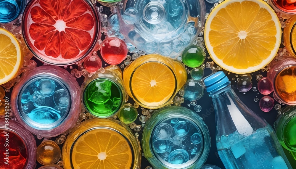 Poster group of colorful bottles displayed on a bright surface inviting attention with their diverse shapes