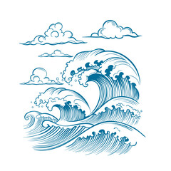 Hand drawn ocean waves and clouds in various shapes and dynamic forms. Vector illustration in line art style
