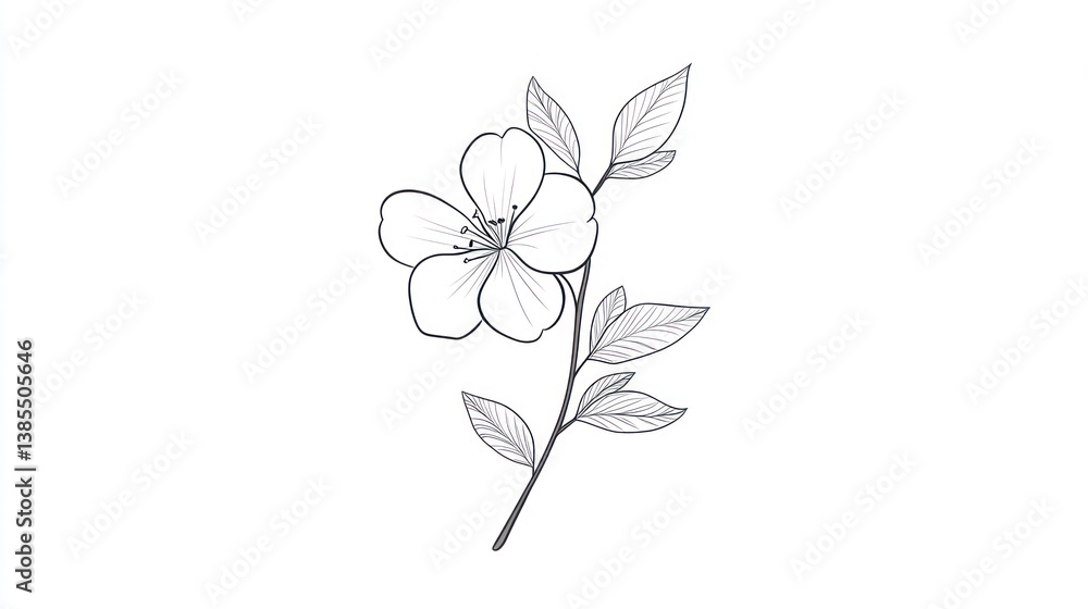 Poster delicate line drawing of a flower and leaves on a branch. possible use greeting card, print design