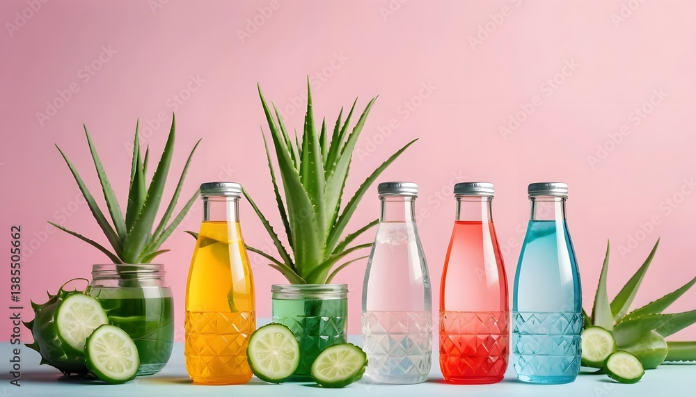 Poster a vibrant array of different colored drinks displayed in glasses with unique shapes and textures for