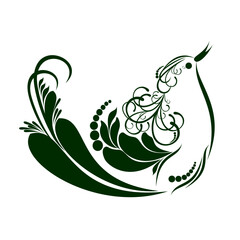 Obraz premium Vector illustration of a bird with beautiful swirly tail in Petrykivka style