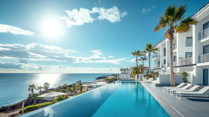 Fototapeta premium Modern white beachfront hotel with infinity pool and palm trees by turquoise sea, representing luxury seaside getaway, exclusive tropical vacation, and serene leisure. Banner with copy space