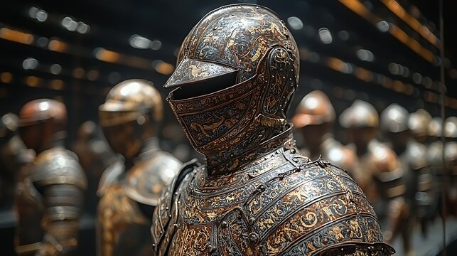 Armor in Museum: The ornate details of antique armor, a relic of history, stand in a museum exhibit, reflecting the past's grandeur and artistry.
