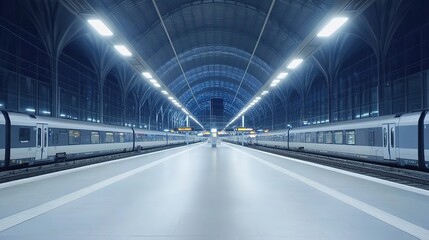 Modern train station interior with soft lighting and an empty platform, evoking a sense of calm and anticipation.
