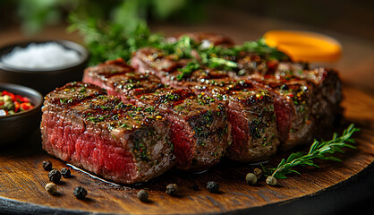 Juicy steak served on a wooden board with fresh herbs, spices, and sides ready for a delicious meal experience in a rustic setting