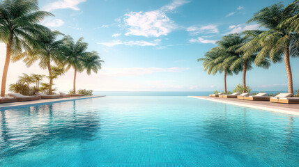 Tropical luxury resort swimming pool surrounded by lush palm trees and modern architecture, symbolizing relaxation, summer vacation, and high-end leisure experience. Banner with copy space