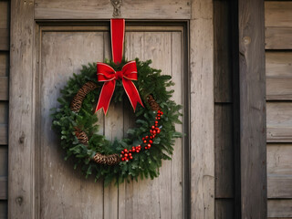 Christmas Wreath on a Wooden Door: A festive evergreen wreath adorned with a bright red ribbon and berries hangs gracefully on a weathered wooden door. Symbolizing the spirit of the holiday season.