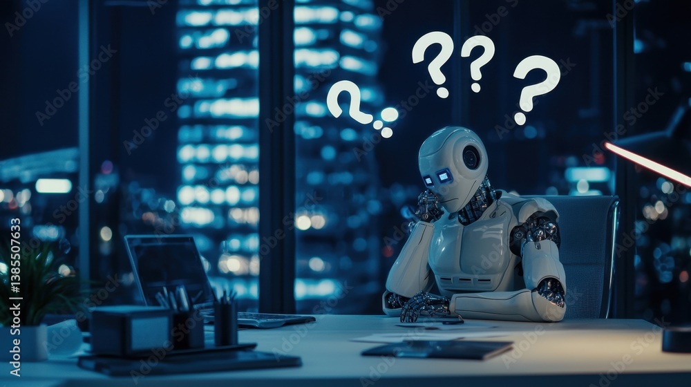 Poster a futuristic android sitting at a desk, deep in thought, with question marks appearing above its hea