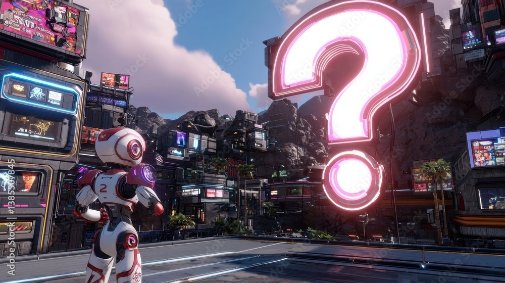 Poster a futuristic cityscape where a robotic character stands in front of a giant, glowing question mark.