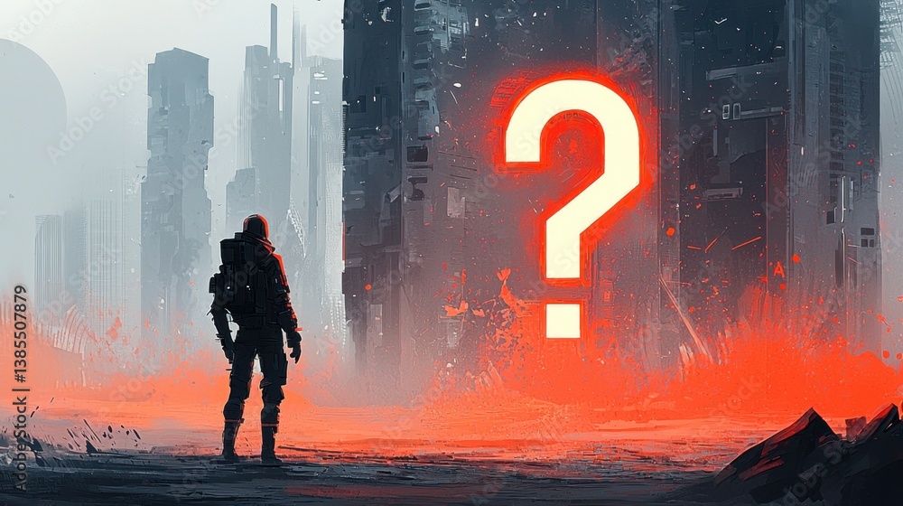 Poster a futuristic cityscape where a robotic character stands in front of a giant, glowing question mark.
