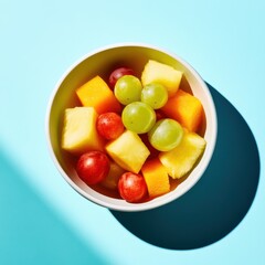 A bowl of fresh mixed fruit, including kiwi, mango, and pineapple. Featuring a tropical snack