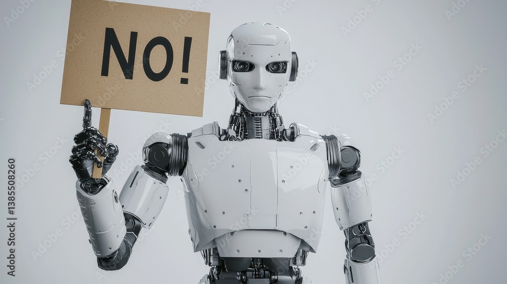 Poster a futuristic robot holds a sign that says symbolizing artificial intelligence taking a stand.