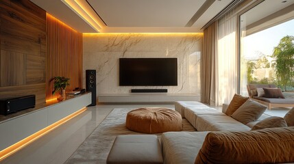 Modern living room, sunset view, luxury home entertainment