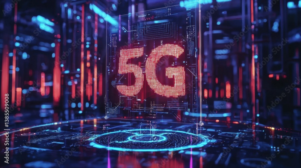 Poster a glowing 5g hologram with circuit patterns and high-tech visuals in an ultra-modern setting.