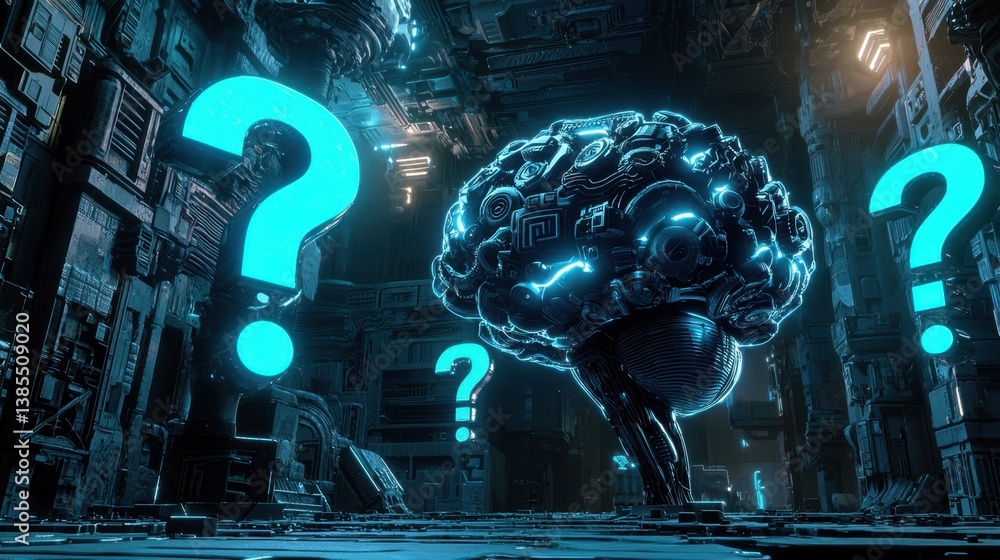 Poster a glowing ai brain with robotic elements and question marks forming around it.