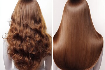 Transformation of wavy to straight hair showcasing a stylistic change in appearance and texture in a beauty salon setting