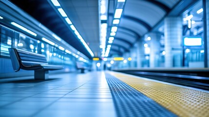 Obraz premium Modern train station interior with soft lighting and an empty platform, evoking a sense of calm and anticipation. 