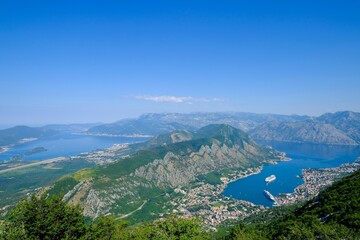 Aerial view of Kotor Bay with cruise ship in Montenegro.