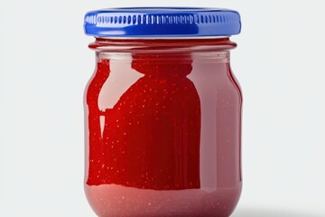 Bright red strawberry jam in a glass jar with a blue lid attracting attention in a well-lit kitchen setting