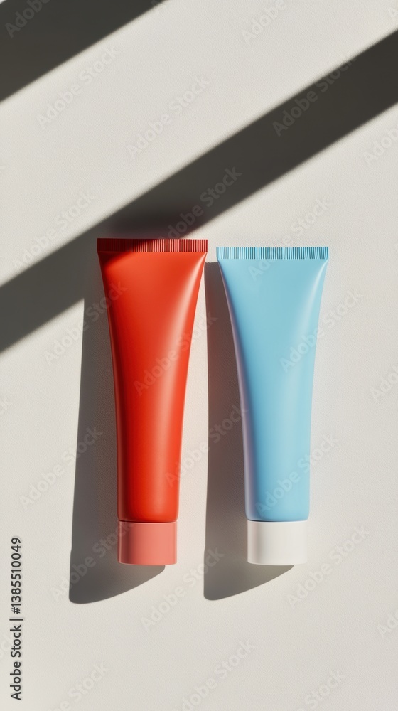 Poster two colorful tubes of cream placed elegantly on a light background with shadows enhancing their shap