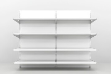 Empty shelves in a retail store setting with white background and modern design, highlighting the organized structure and simplicity of the display area
