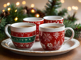 Fototapeta premium Festive Coffee Cups on a Plate: Four holiday-themed coffee cups arranged on a decorative plate with evergreen and soft bokeh lights, offering a sense of warmth and cozy celebration.