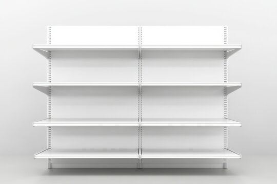 Empty shelves in a retail store setting with white background and modern design, highlighting the organized structure and simplicity of the display area