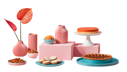 A delightful pastel-hued still life featuring elegant ribbed vases, assorted sweet treats, and vibrant pink anthurium blossoms, arranged on minimalist pink and teal platforms.